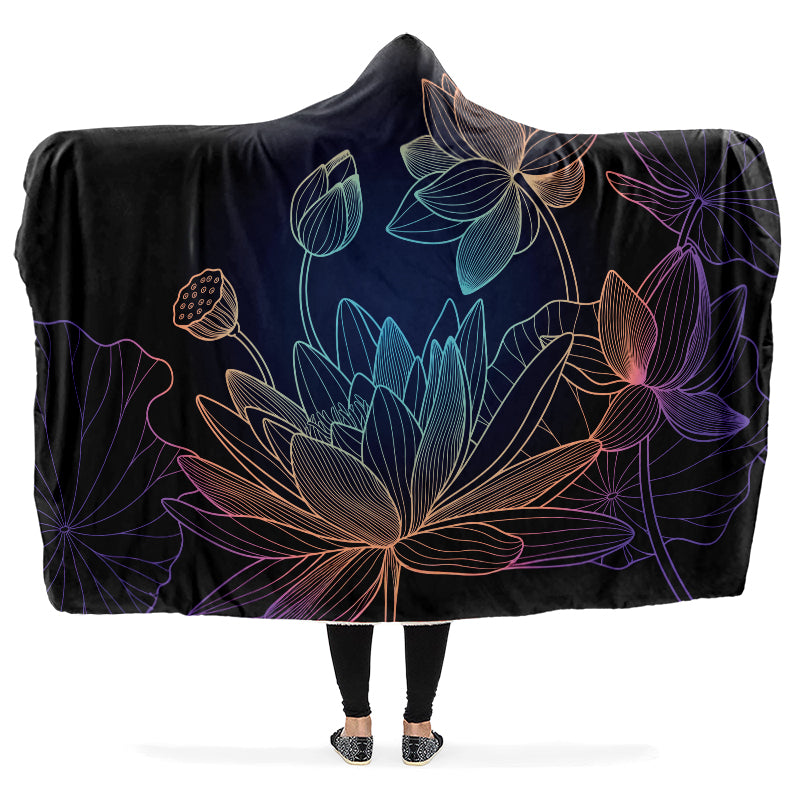 Hooded blanket with an image of colourful rainbow lotus flowers on a black background.