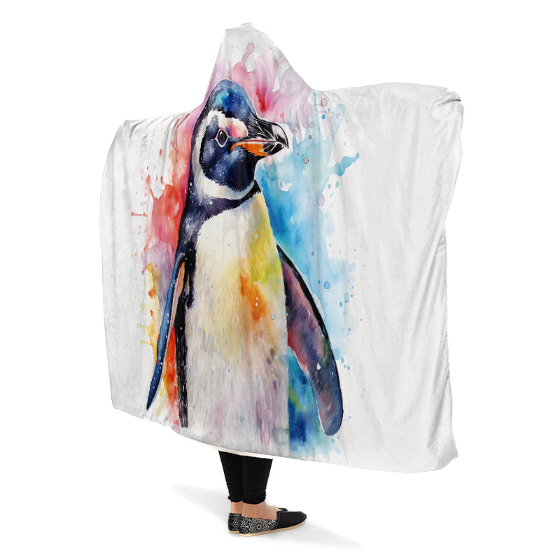 Colorful watercolor style penguin design on a white blanket.