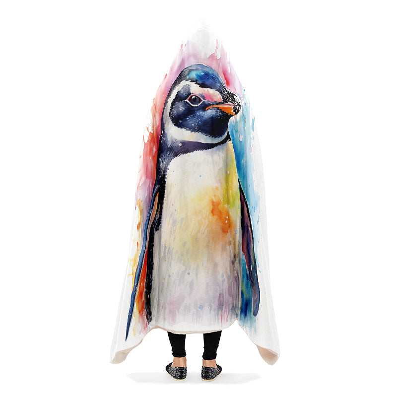 Colorful watercolor style penguin design on a white blanket held by a person.  