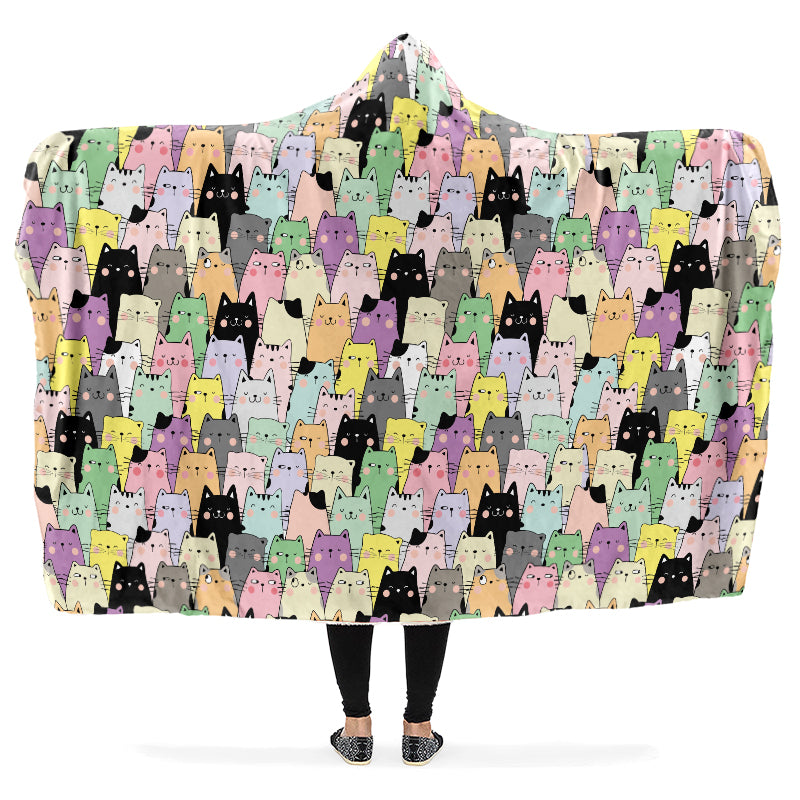 Hooded blanket with colorful cat pattern.