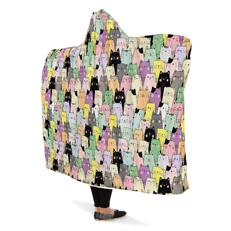 Hooded blanket with colorful cat pattern.