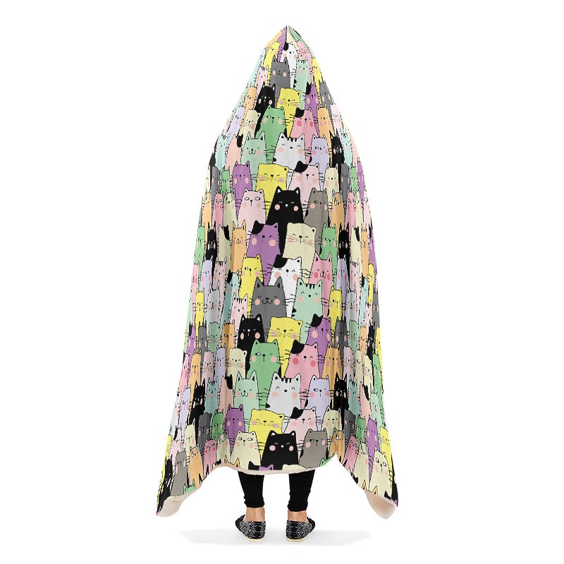 Hooded blanket with colorful cat pattern.