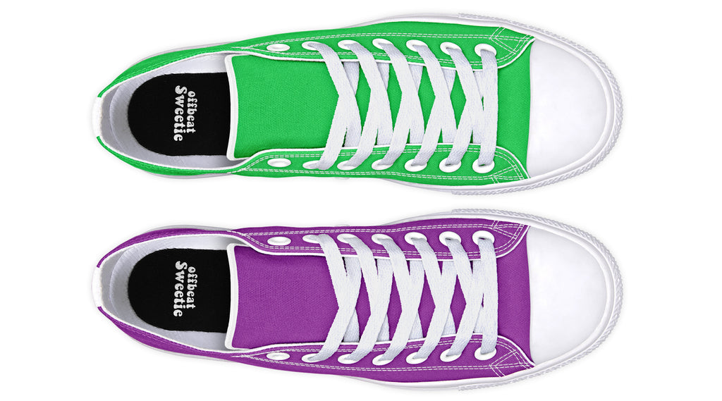 Green And Purple Mismatched Low Tops - Offbeat Sweetie