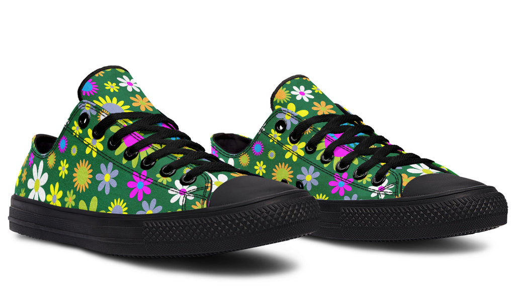 Green Retro Flowers Low Tops (Wide)