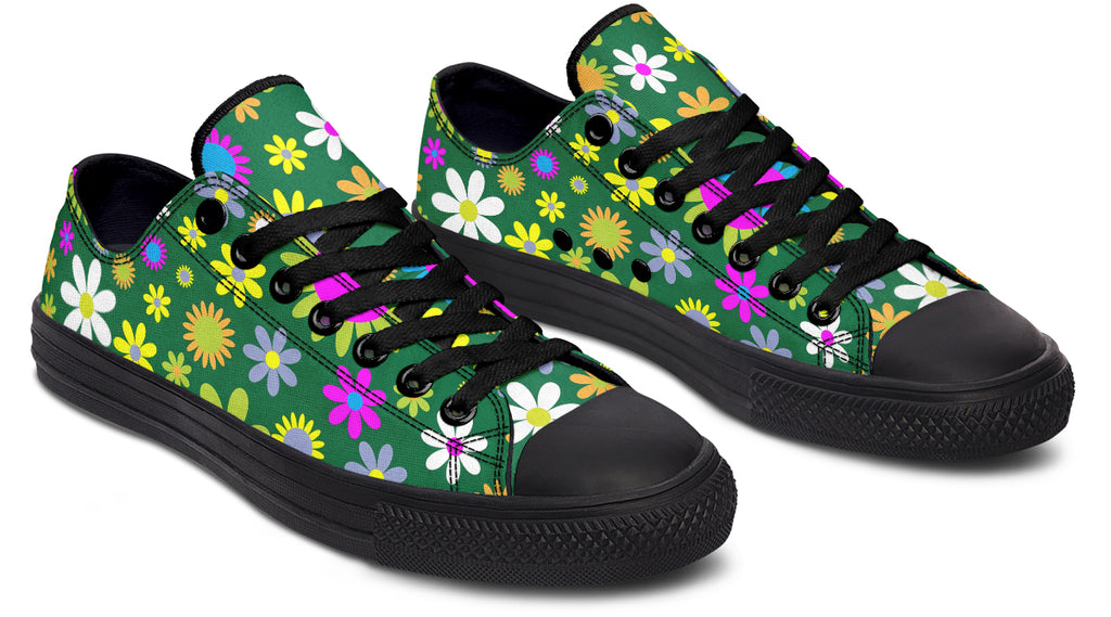 Green Retro Flowers Low Tops (Wide)
