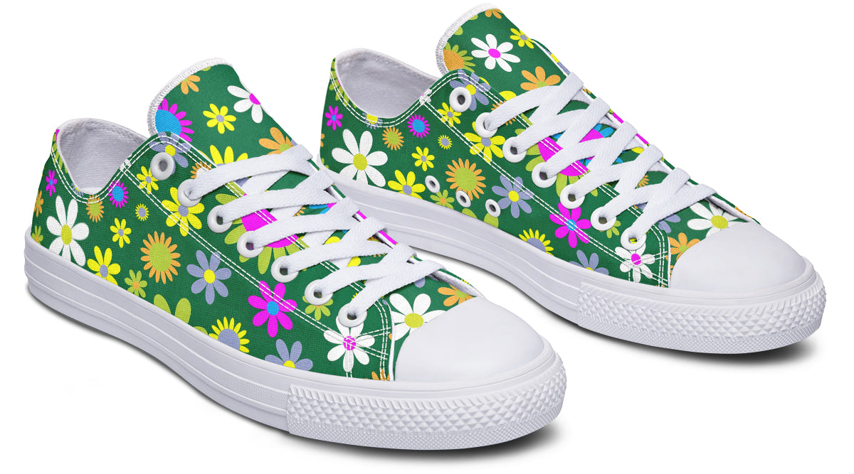 Green Retro Flowers Low Tops (Wide)