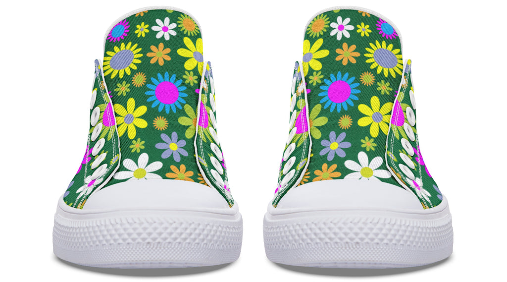 Green Retro Flowers Low Tops (Wide)