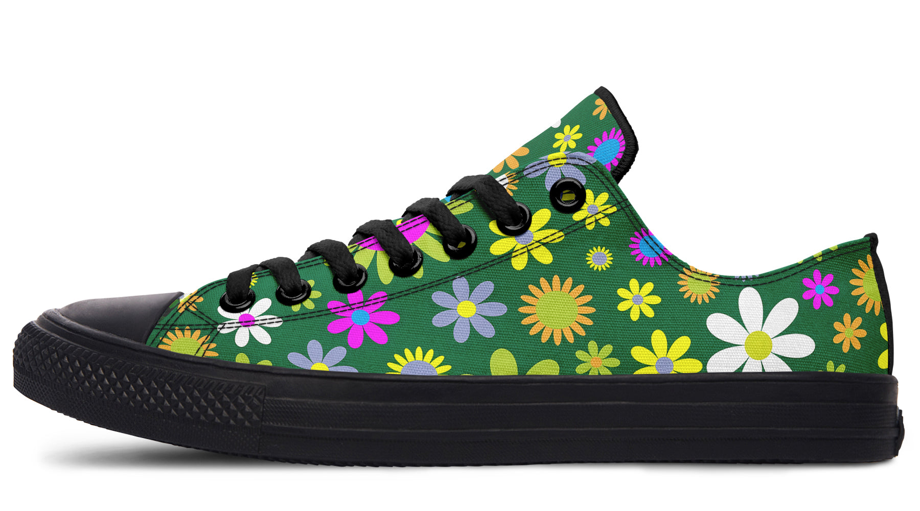 Green Retro Flowers Low Tops (Wide)