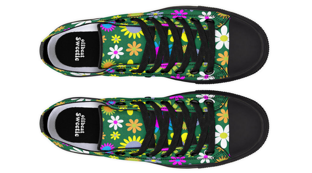 Green Retro Flowers Low Tops (Wide)