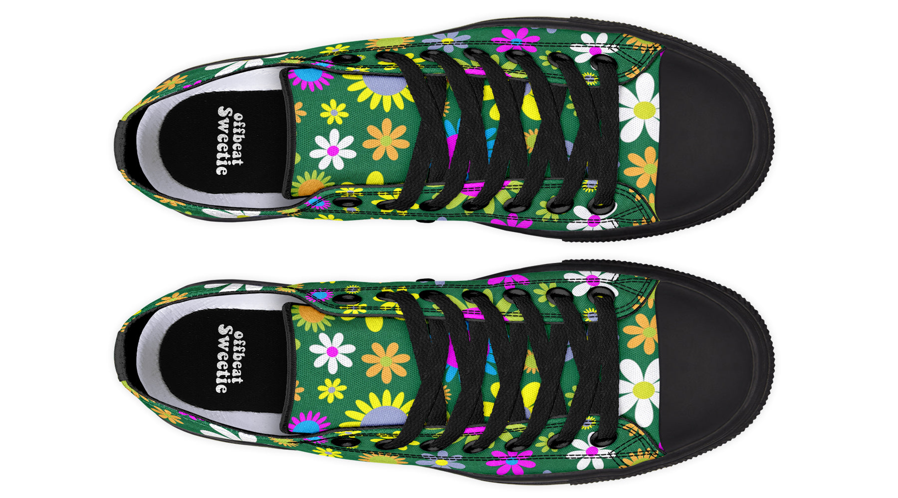Green Retro Flowers Low Tops (Wide)