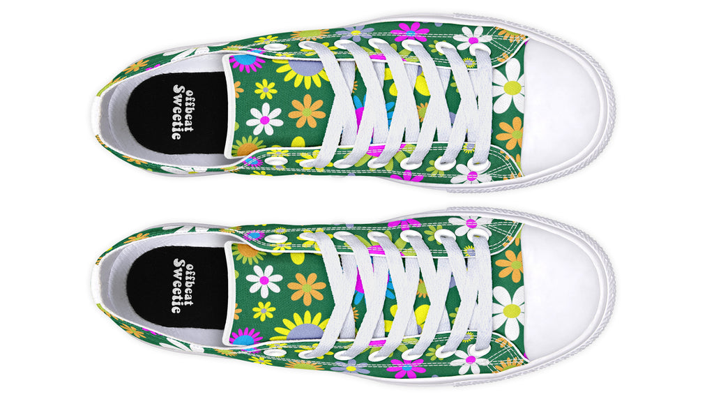 Green Retro Flowers Low Tops (Wide)