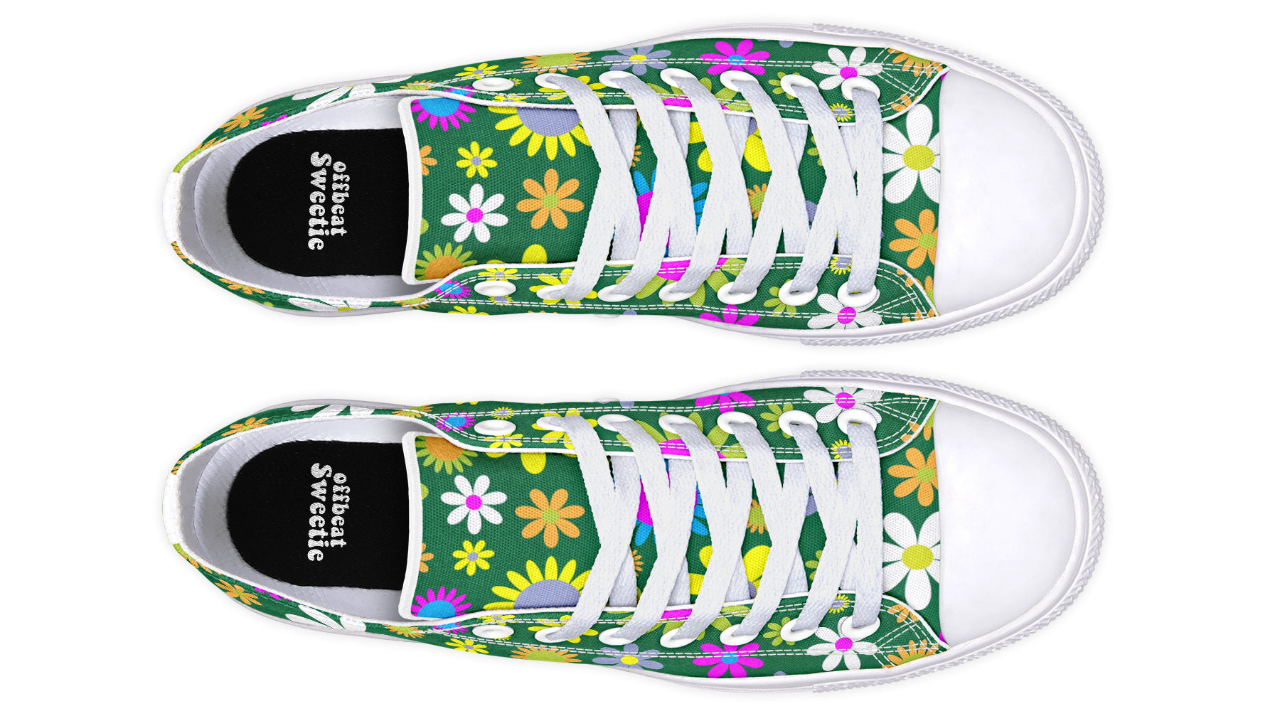 Green Retro Flowers Low Tops (Wide)
