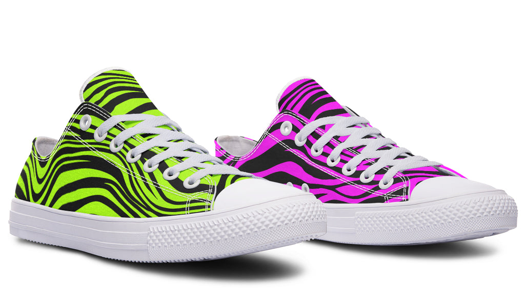 Green and Fuchsia Mismatched Neon Zebra Low Tops