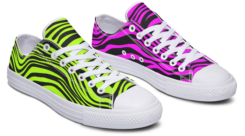 Green and Fuchsia Mismatched Neon Zebra Low Tops