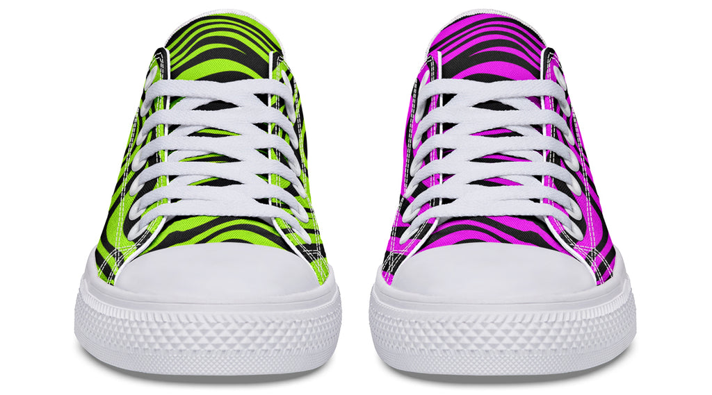 Green and Fuchsia Mismatched Neon Zebra Low Tops