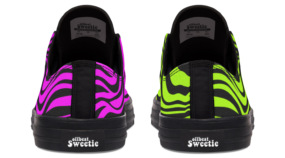 Green and Fuchsia Mismatched Neon Zebra Low Tops