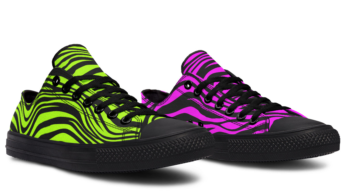 Green and Fuchsia Mismatched Neon Zebra Low Tops (Wide)