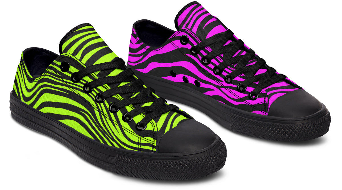 Green and Fuchsia Mismatched Neon Zebra Low Tops (Wide)