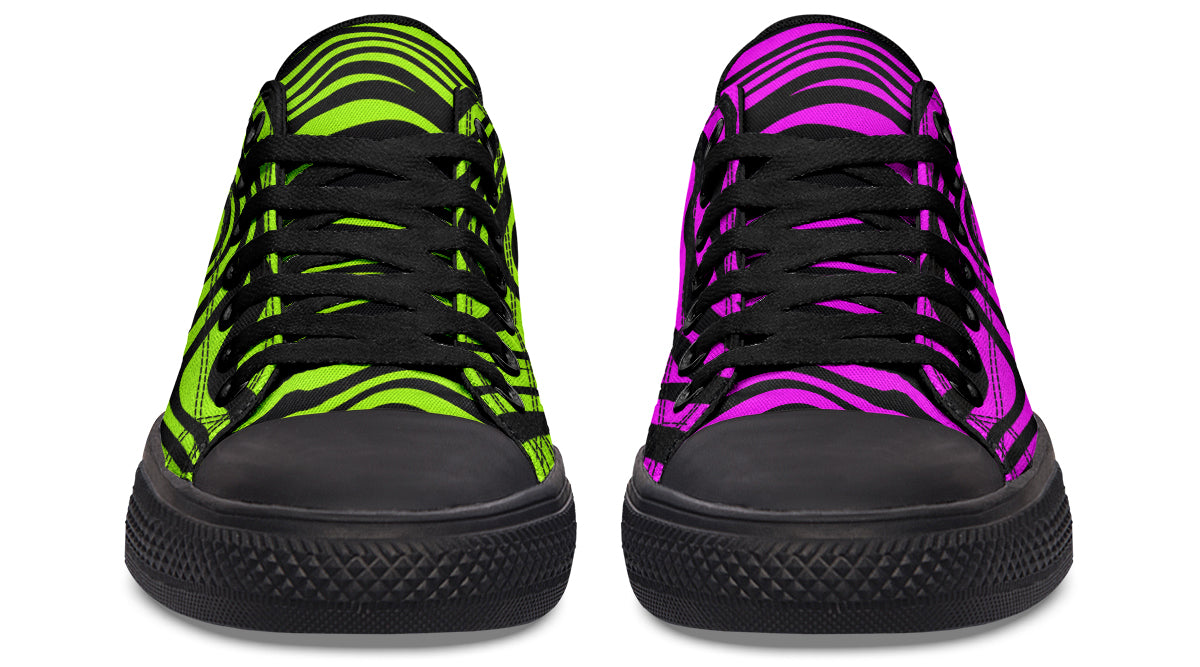 Green and Fuchsia Mismatched Neon Zebra Low Tops (Wide)