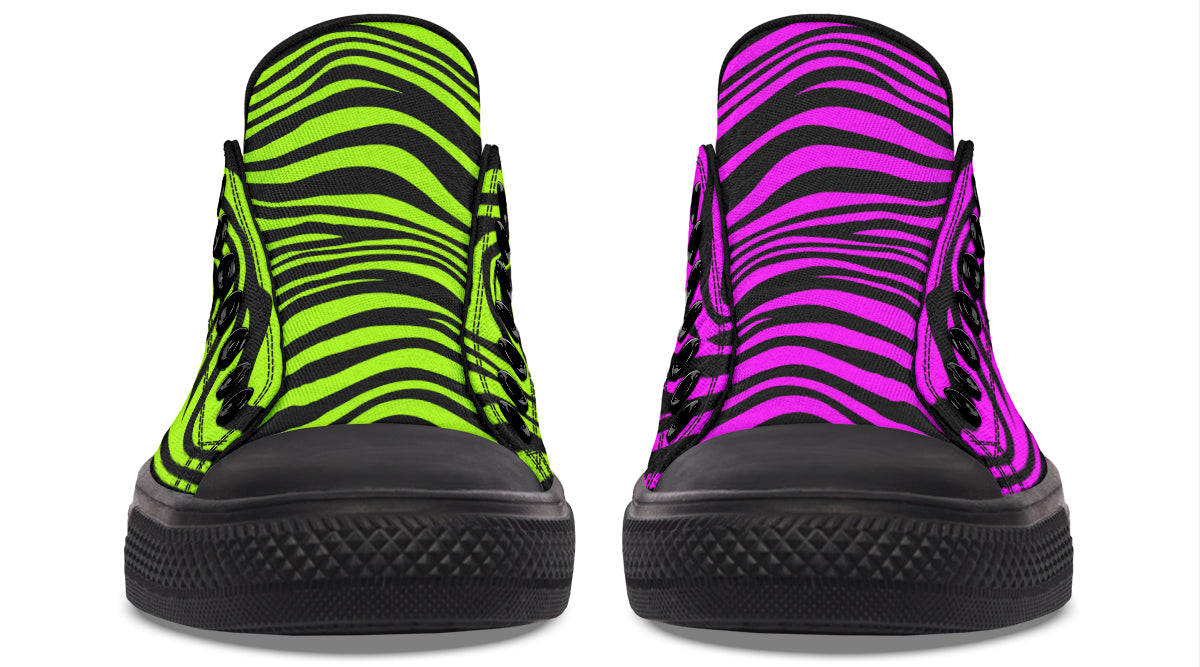 Green and Fuchsia Mismatched Neon Zebra Low Tops (Wide)