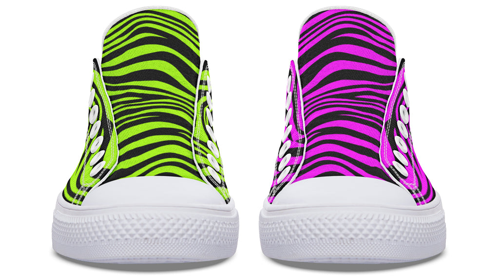 Green and Fuchsia Mismatched Neon Zebra Low Tops (Wide)