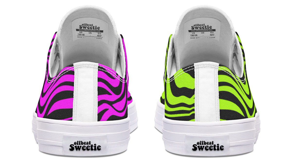 Green and Fuchsia Mismatched Neon Zebra Low Tops (Wide)