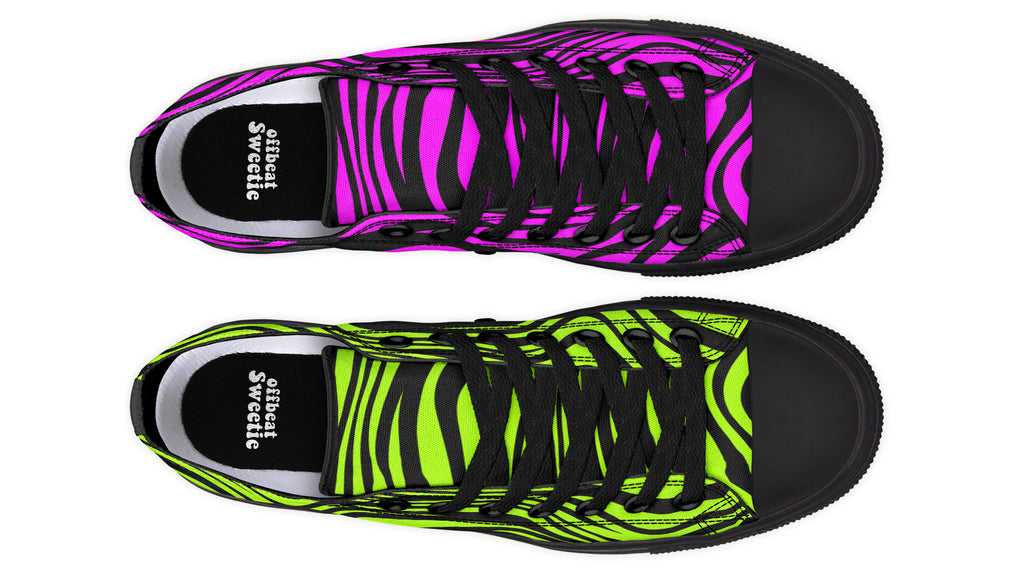 Green and Fuchsia Mismatched Neon Zebra Low Tops (Wide)