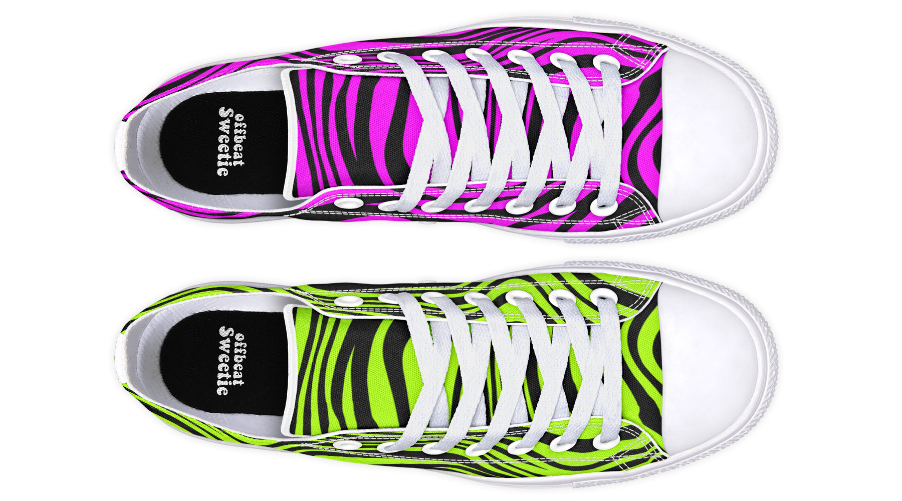 Green and Fuchsia Mismatched Neon Zebra Low Tops (Wide)