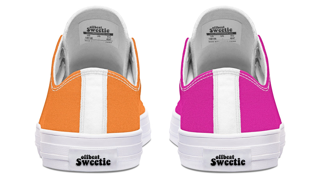 Pink And Orange Mismatched Low Tops - Offbeat Sweetie