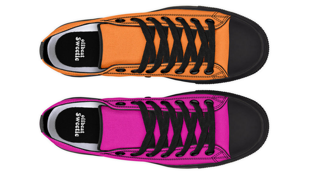Pink And Orange Mismatched Low Tops - Offbeat Sweetie