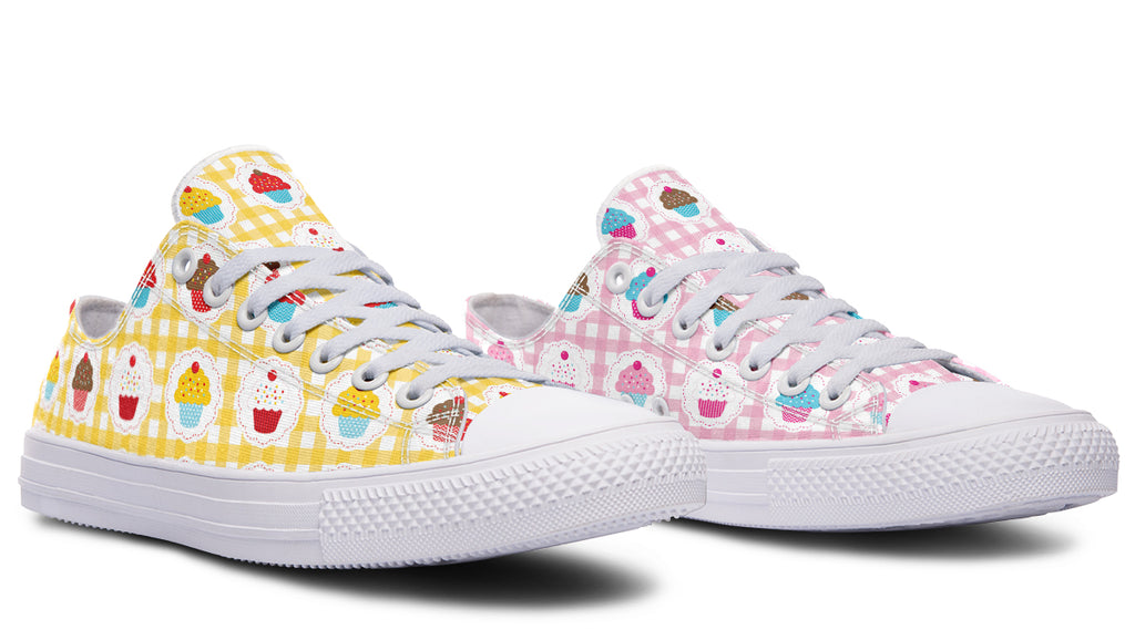 Pink And Yellow Mismatch Gingham Cupcakes Low Tops (Wide)