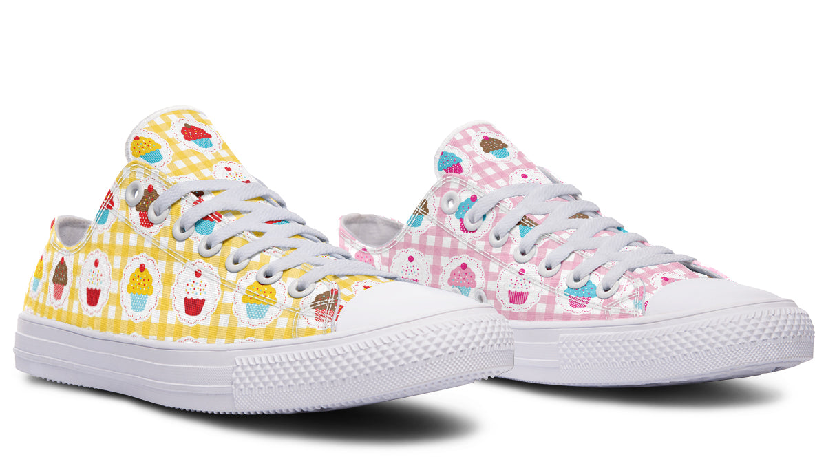 Pink And Yellow Mismatch Gingham Cupcakes Low Tops (Wide)