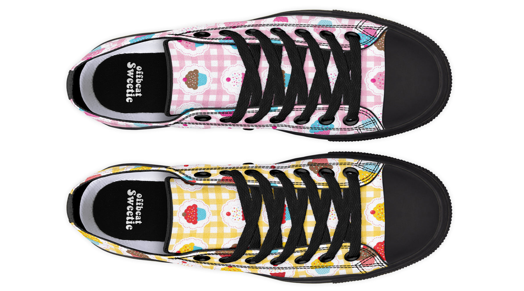Pink And Yellow Mismatch Gingham Cupcakes Low Tops (Wide)