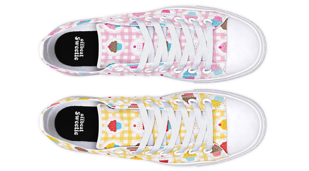 Pink And Yellow Mismatch Gingham Cupcakes Low Tops (Wide)