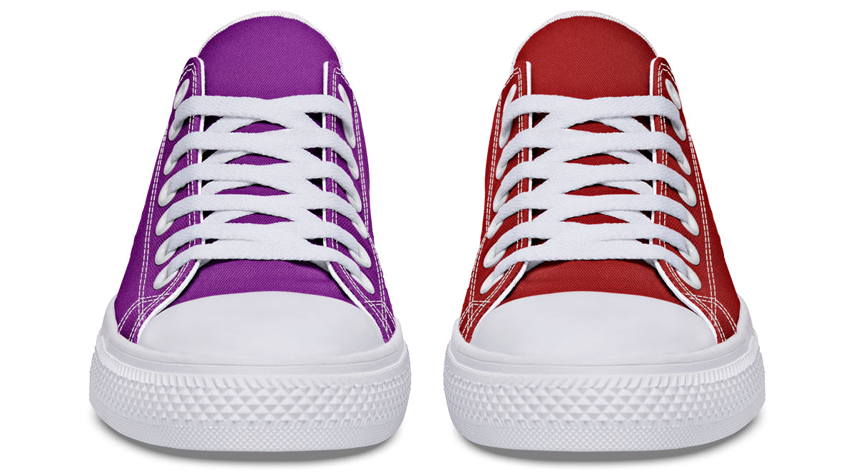 Purple And Red Mismatched Low Tops - Offbeat Sweetie