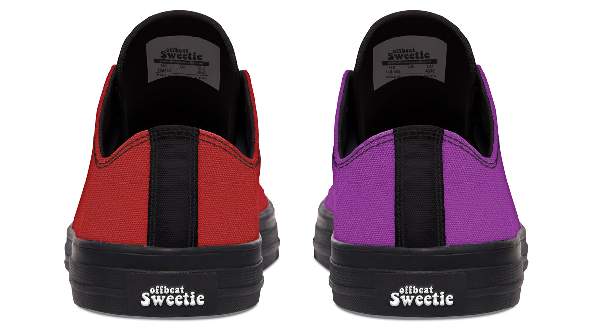 Purple And Red Mismatched Low Tops - Offbeat Sweetie