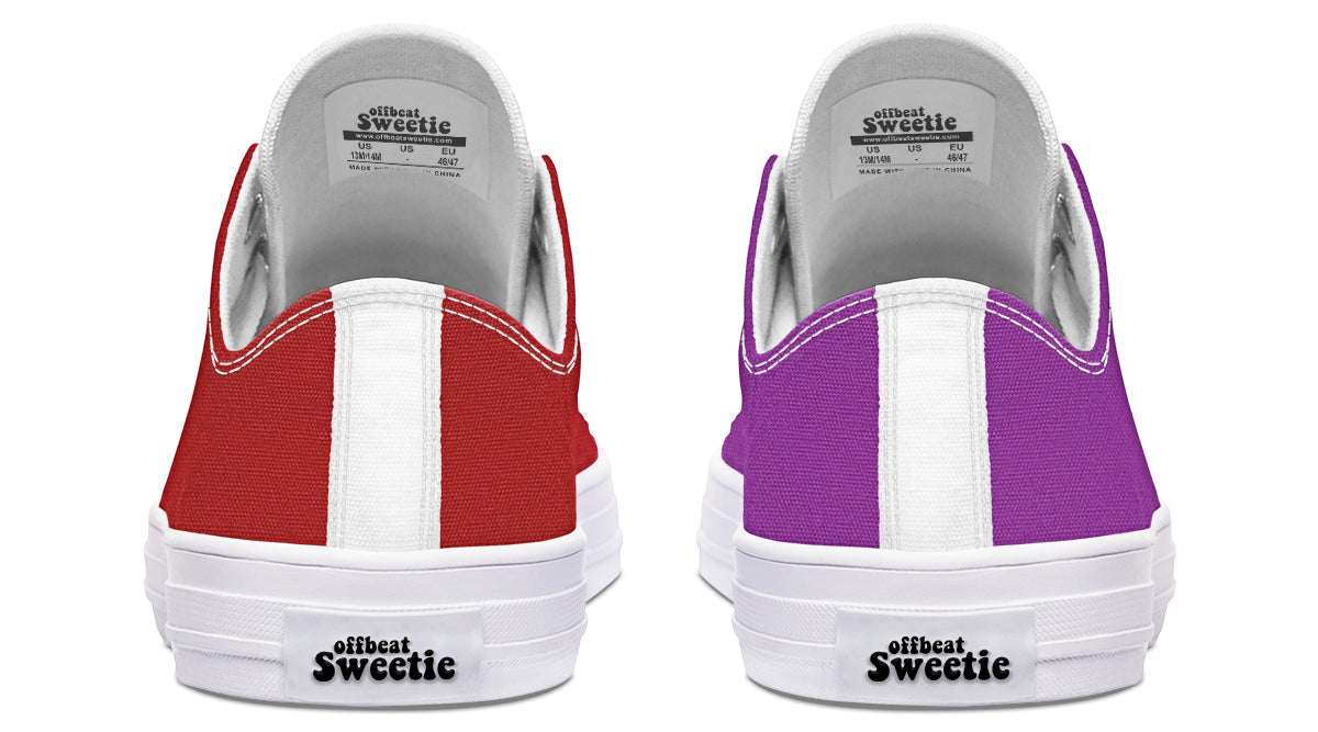 Purple And Red Mismatched Low Tops - Offbeat Sweetie