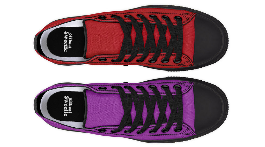 Purple And Red Mismatched Low Tops - Offbeat Sweetie
