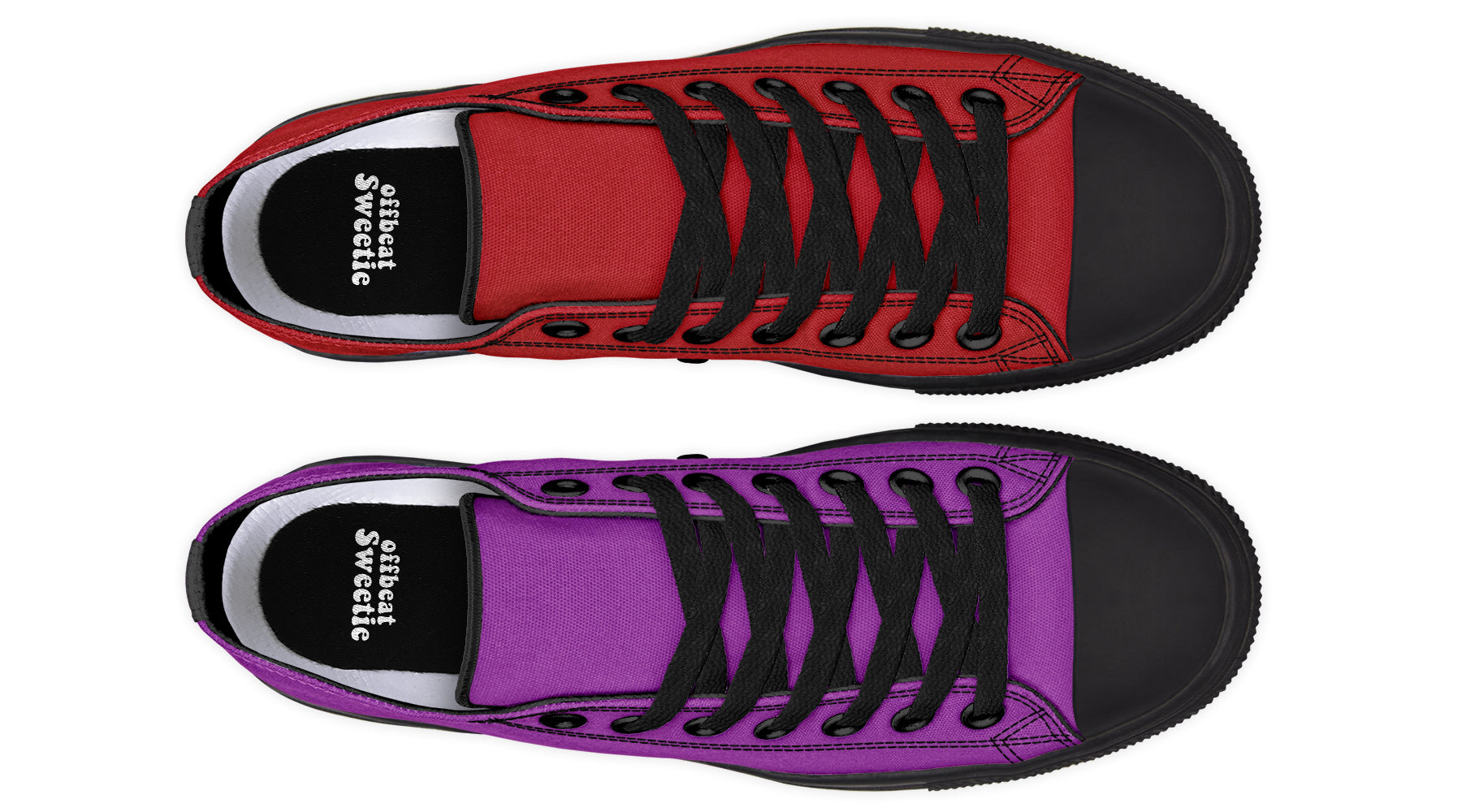 Purple And Red Mismatched Low Tops - Offbeat Sweetie