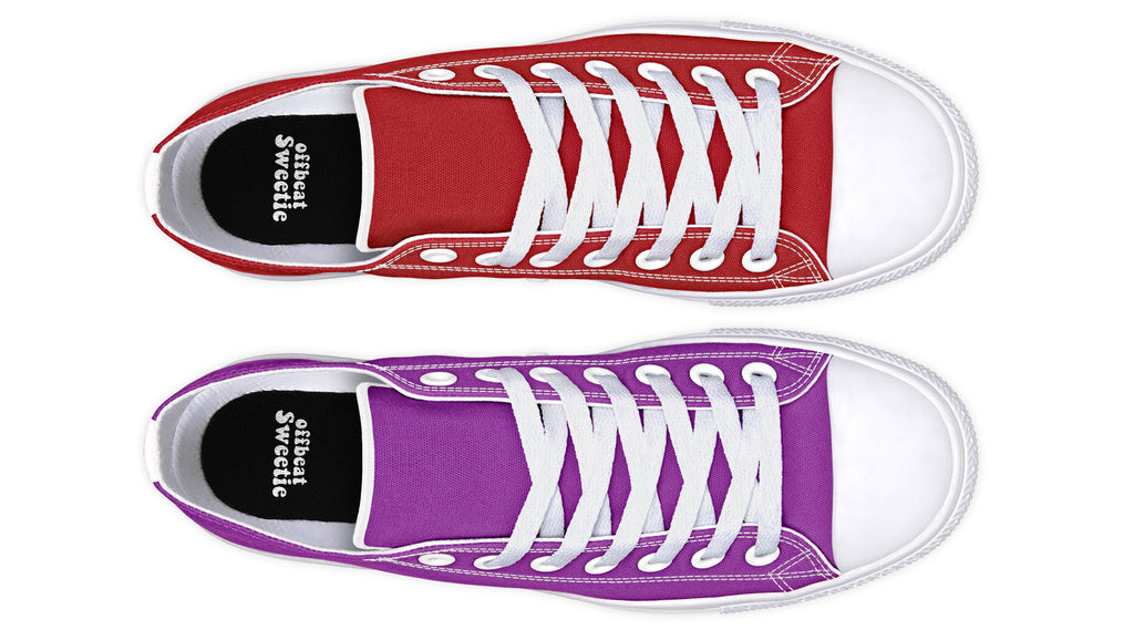 Purple And Red Mismatched Low Tops - Offbeat Sweetie