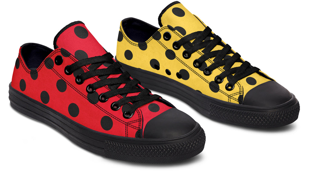 Red And Yellow Mismatched Polka Dot Low Tops