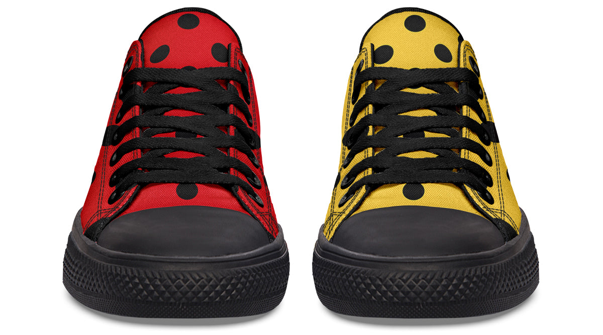 Red And Yellow Mismatched Polka Dot Low Tops