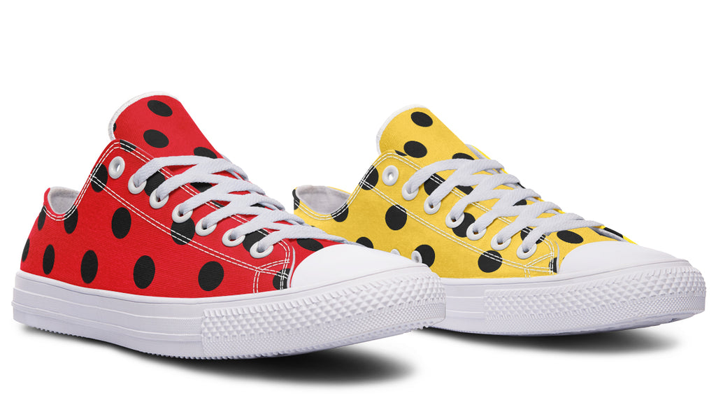 Red And Yellow Mismatched Polka Dot Low Tops