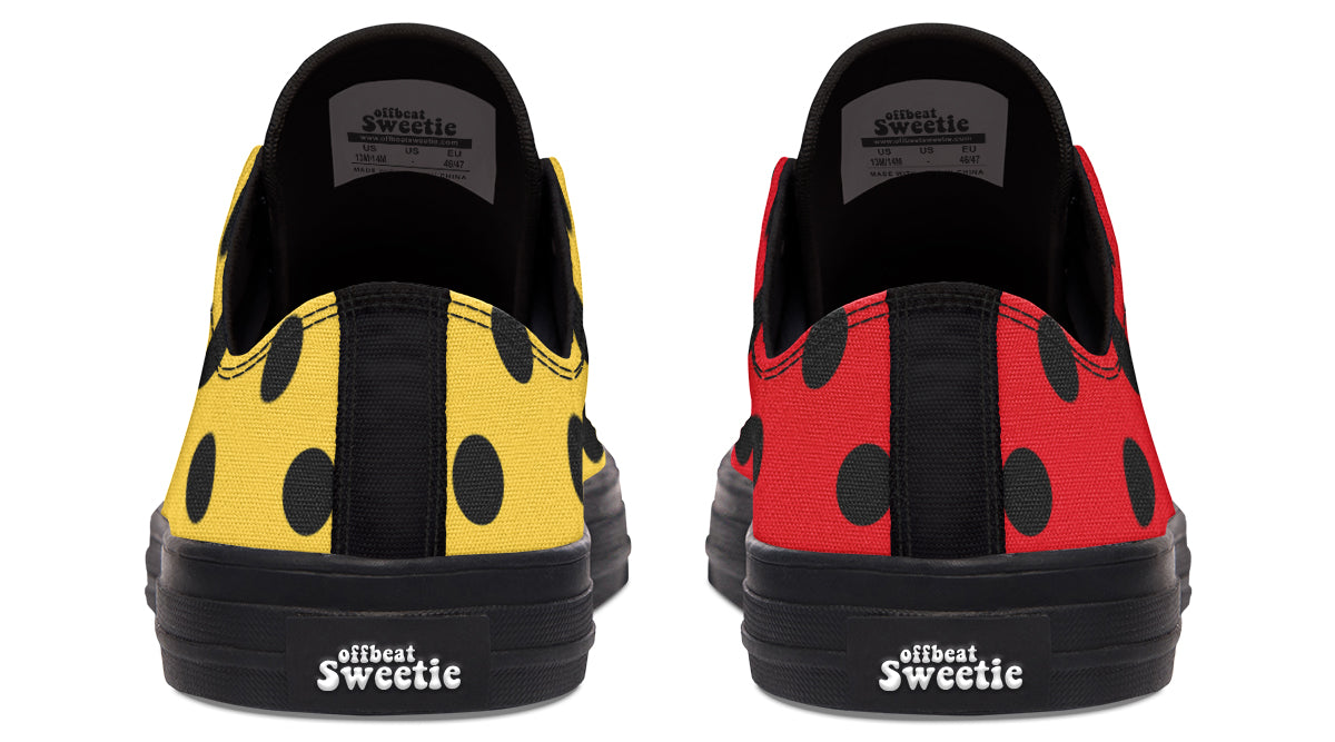 Red And Yellow Mismatched Polka Dot Low Tops