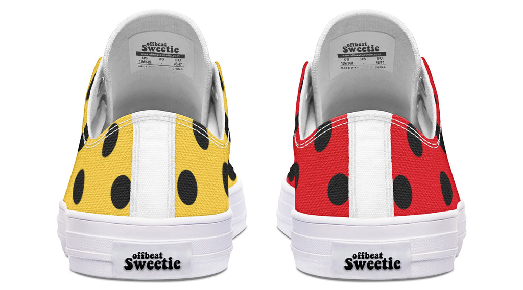 Red And Yellow Mismatched Polka Dot Low Tops