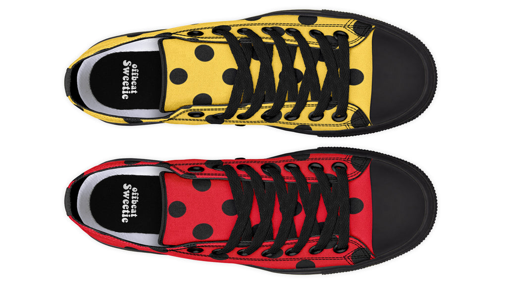 Red And Yellow Mismatched Polka Dot Low Tops