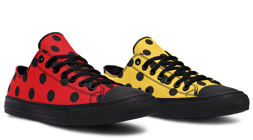 Red And Yellow Mismatched Polka Dot Low Tops (Wide)