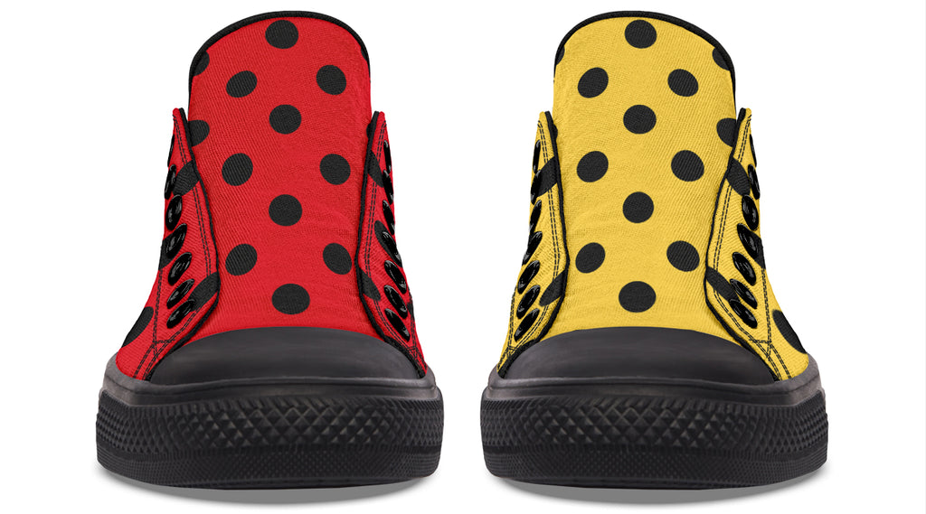 Red And Yellow Mismatched Polka Dot Low Tops (Wide)