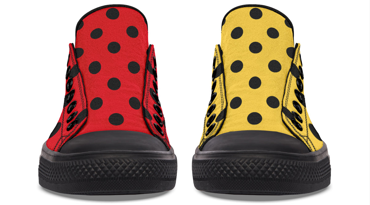 Red And Yellow Mismatched Polka Dot Low Tops (Wide)