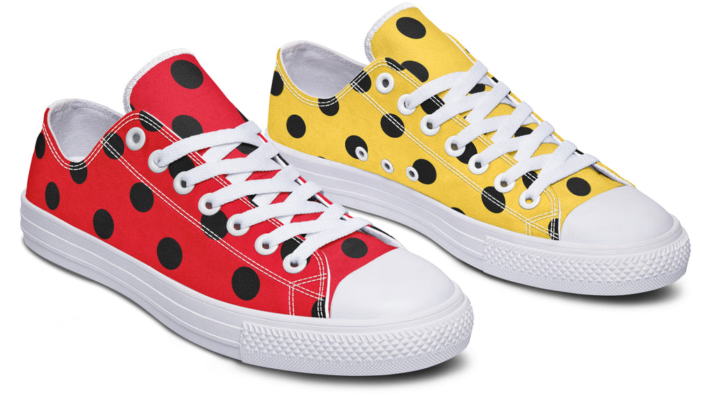Red And Yellow Mismatched Polka Dot Low Tops (Wide)